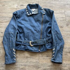 GANTOS Vintage 80's Silver-Laced Belted Denim Moto Jacket Size Medium
